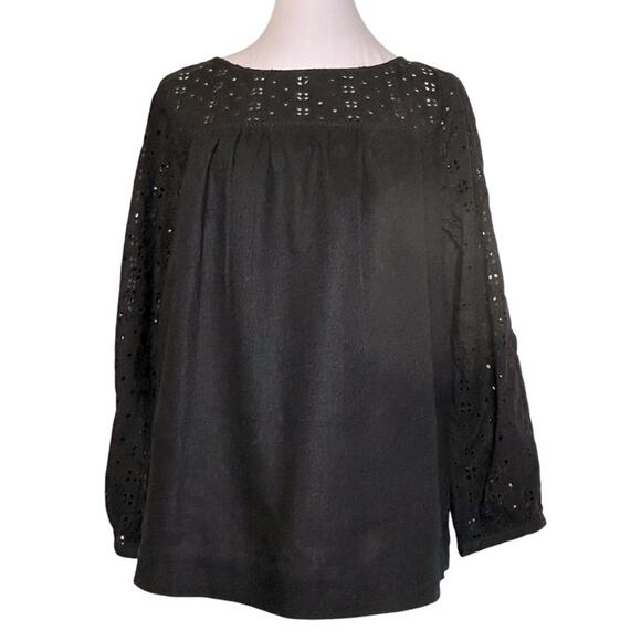 J. Crew Mercantile Top Womens Size S Linen Blend Black Eyelet Feminine Loose Fit - Picture 1 of 8